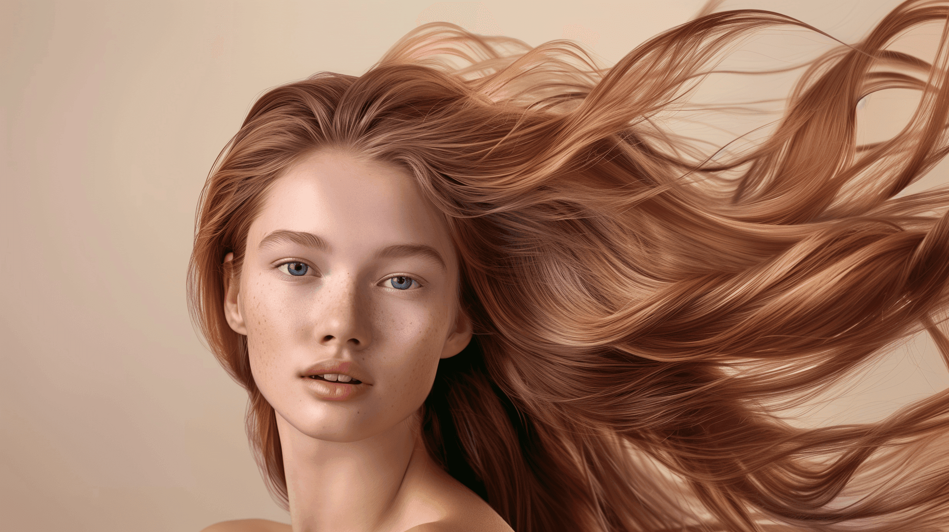 Portrait of a person with flowing reddish-brown hair against a beige background.