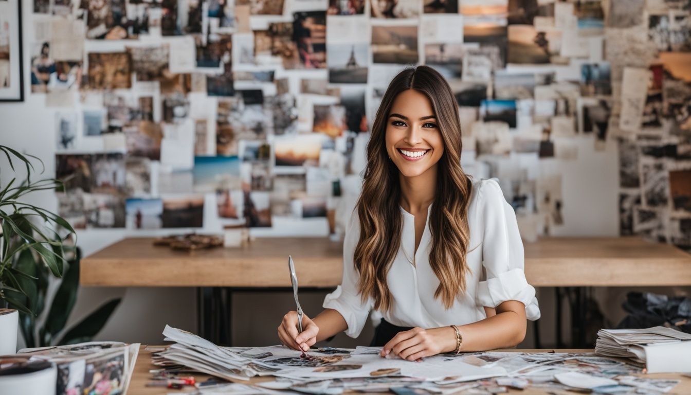 Smiling woman creating a collage with photos on a table, artistic wall display behind her.