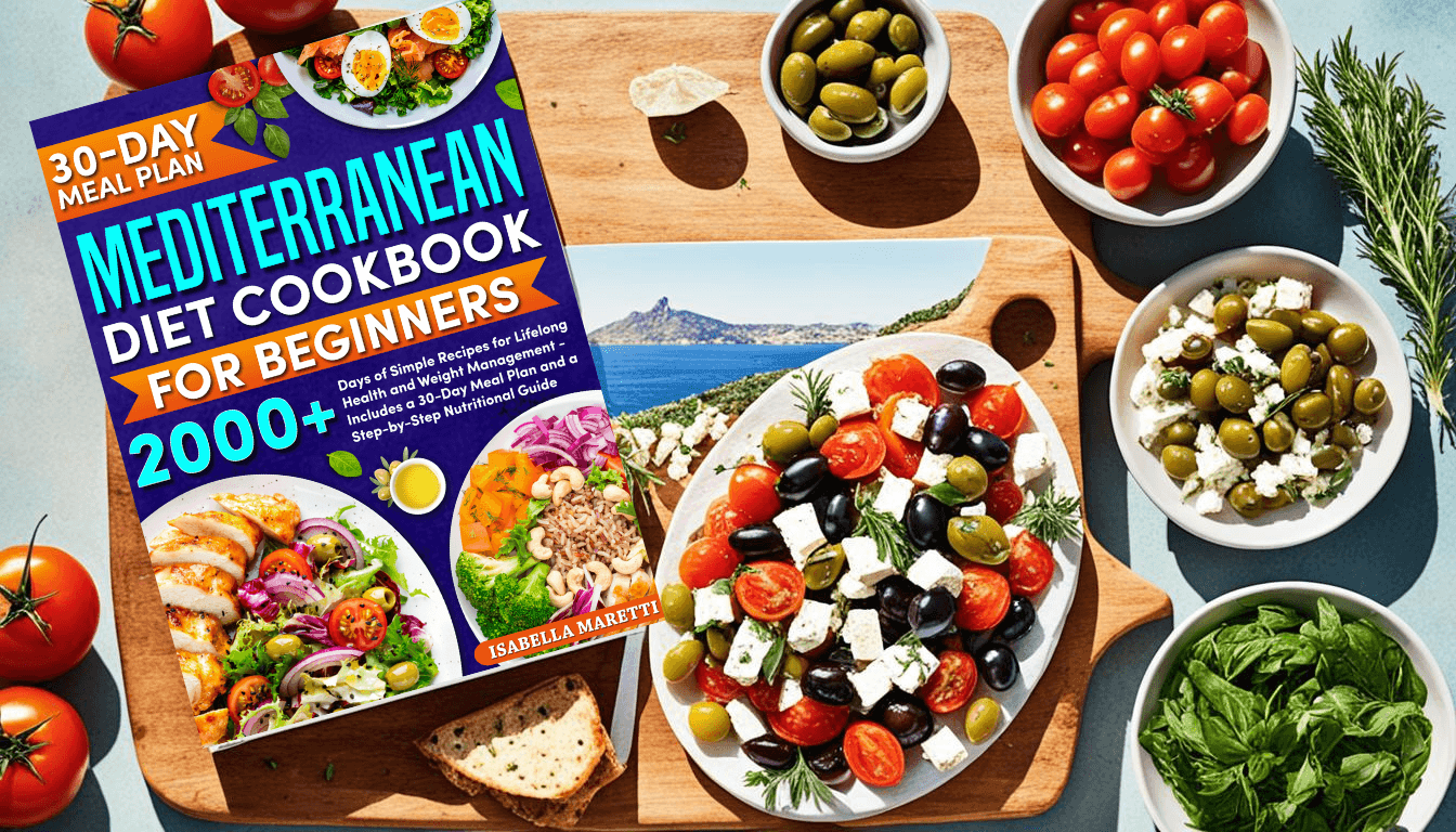 Mediterranean Diet Cookbook with salad and ingredients like olives and cherry tomatoes on a blue background.