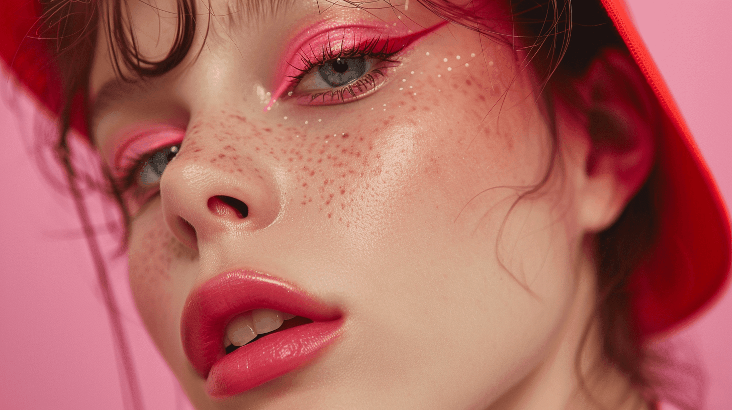 Close-up portrait of a person with vibrant pink eye makeup and freckles on a pink background.