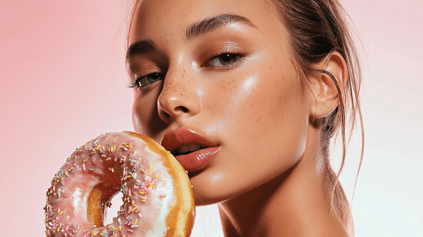 Person holding a pink frosted donut with sprinkles, set against a pink background.