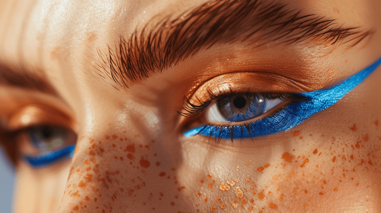 Close-up of an eye with bold blue eyeliner and copper eyeshadow, surrounded by freckles.