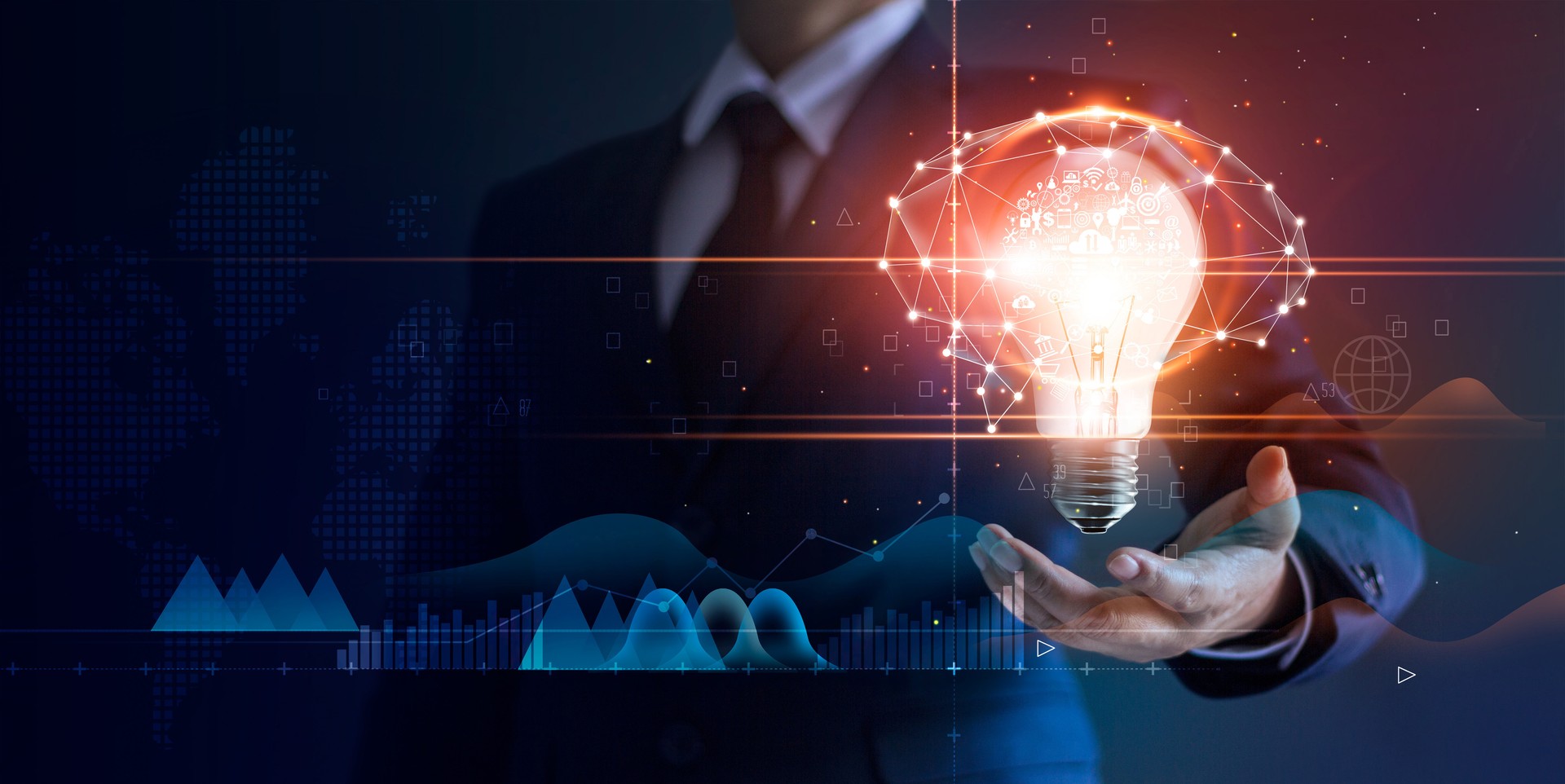 Businessman holding light bulb and brain network with icon business and technology, innovative in futuristic, network connection on virtual interface background, abstract, innovation and business technologies concept.