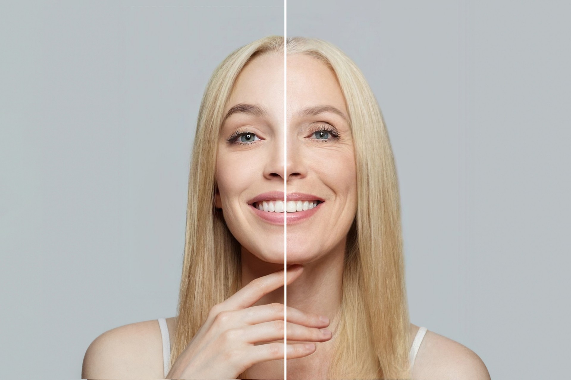 Blonde model woman with young clean skin and wrinkles. Aging and youth, aesthetic surgery, beauty treatment and cosmetology concept